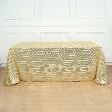 Gold Seamless Diamond Sequin Rectangular Tablecloth 90"x132" for 6 Foot Table With Floor-Length Drop