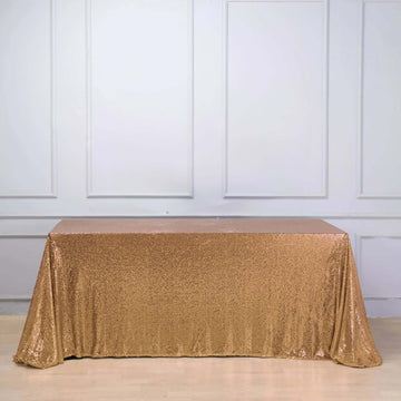 Gold Seamless Premium Sequin Rectangle Tablecloth 90x156" for 8 Foot Table With Floor-Length Drop