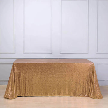 Gold Seamless Premium Sequin Rectangle Tablecloth 90"x132" for 6 Foot Table With Floor-Length Drop