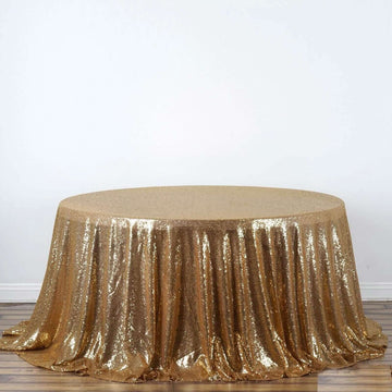 Gold Seamless Premium Sequin Round Tablecloth, Sparkly Tablecloth 132" for 6 Foot Table With Floor-Length Drop