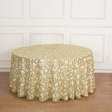 Gold Sequin Leaf Embroidered Seamless Tulle Round Tablecloth, Sheer Table Overlay 120" for 5 Foot Table With Floor-Length Drop