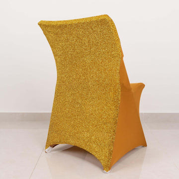 Gold Spandex Stretch Folding Chair Cover, Fitted Chair Cover with Metallic Shimmer Tinsel Back