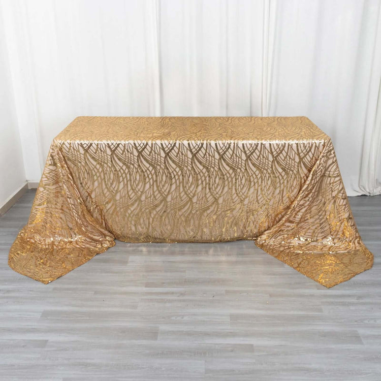 90x156inch Gold Wave Mesh Rectangular Tablecloth With Embroidered Sequins