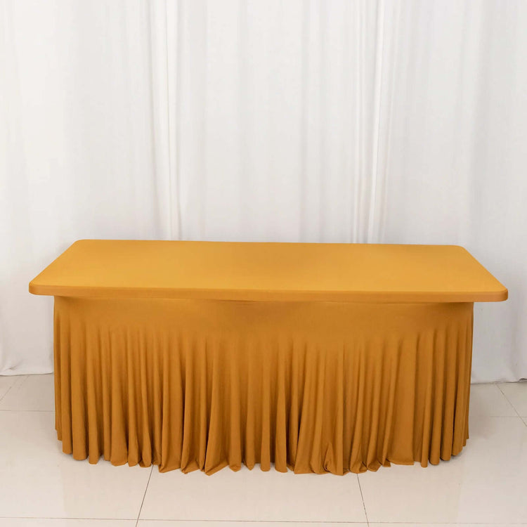 Gold Wavy Spandex Fitted Rectangle 1-Piece Tablecloth Table Skirt, Stretchy Table Skirt 