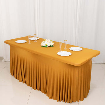 Add Elegance to Your Event with the Gold Wavy Spandex Fitted Rectangle 1-Piece Tablecloth Table Skirt