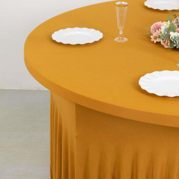 Chic Gold Spandex 72 inches Round Tablecloth with Ruffles