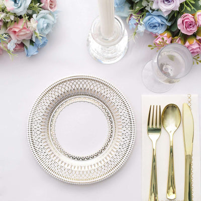 25-Pack Paper Round Dessert Plates 8" Gold And White Vintage Porcelain Style - 300GSM Heavy Duty Disposable Salad Appetizer Plates for Classy Themes & Celebrations
