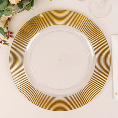 6-Pack Plastic Charger Plates 13" Round Clear with Gold Lined Ring Rim - Classy Dinner Serving Plates