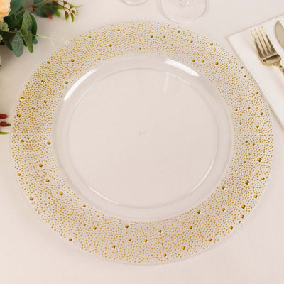6-Pack Plastic Charger Plates 13" Round Clear with Gold Pearl Beaded Rim - Upscale Dinner Serving Plates