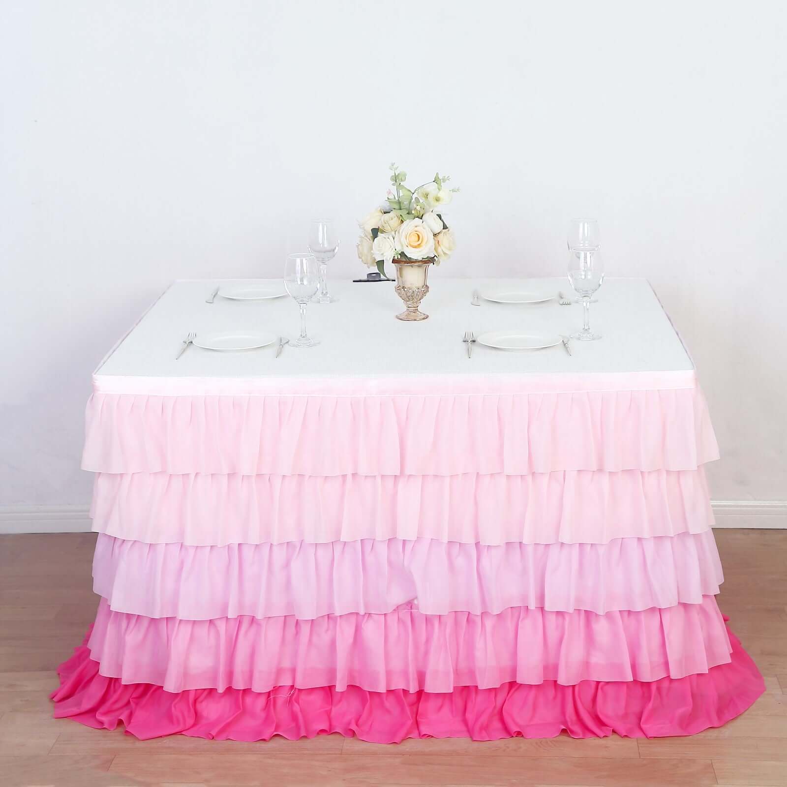 White ruffle shop table skirt