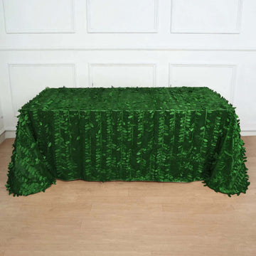 Green 3D Leaf Petal Taffeta Fabric Seamless Rectangle Tablecloth 90"x156" for 8 Foot Table With Floor-Length Drop