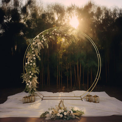 Heavy Duty Gold Metal Double Hoop Wedding Arch Photo Backdrop Stand, Round Wedding Arbor Floral Balloon Frame - 7.5ft
