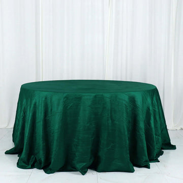 Hunter Emerald Green Accordion Crinkle Taffeta Seamless Round Tablecloth 132" for 6 Foot Table With Floor-Length Drop