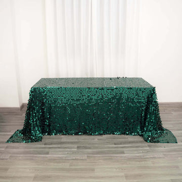 Hunter Emerald Green Seamless Big Payette Sequin Rectangle Tablecloth Premium Collection 90"x132" for 6 Foot Table With Floor-Length Drop