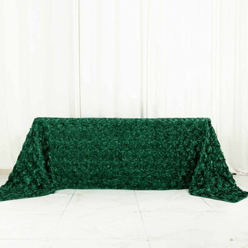 Hunter Emerald Green Seamless Grandiose 3D Rosette Satin Rectangle Tablecloth 90"x132" for 6 Foot Table With Floor-Length Drop