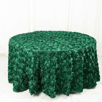 Hunter Emerald Green Seamless Grandiose 3D Rosette Satin Round Tablecloth 120" for 5 Foot Table With Floor-Length Drop