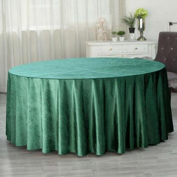 Hunter Emerald Green Seamless Premium Velvet Round Tablecloth, Reusable Linen 120" for 5 Foot Table With Floor-Length Drop