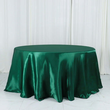 Hunter Emerald Green Seamless Satin Round Tablecloth 132" for 6 Foot Table With Floor-Length Drop