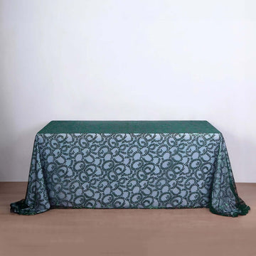 Hunter Emerald Green Sequin Leaf Embroidered Tulle Rectangular Tablecloth 90"x156" for 8 Foot Table With Floor-Length Drop