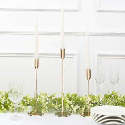 Set of 3 Gold Metal Taper Candle Stands 9", 10", 13" Round Solid Base - Decorative Centerpiece