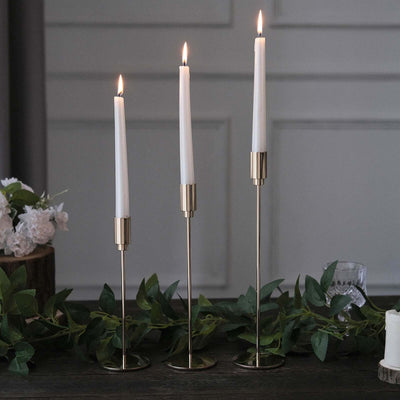 Set of 3 Gold Metal Taper Candle Stands 9", 10", 13" Round Solid Base - Decorative Centerpiece