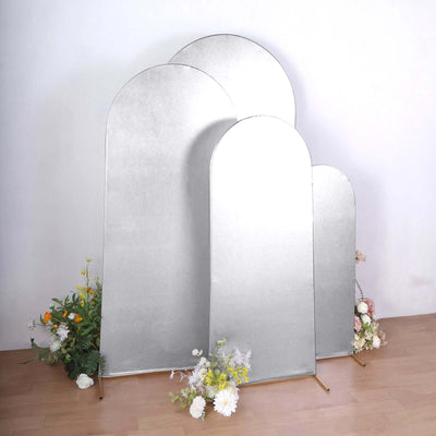 Set of 4 Silver Spandex Chiara Backdrop Stand Covers With Metallic Finish, Fitted Covers For Round Top Wedding Arches 4ft, 5ft, 6ft, 7ft