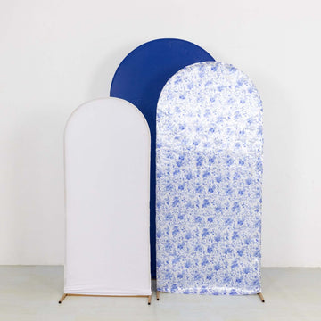 <h3 style="margin-left:0px;"><strong>Matte White Blue French Toile Spandex Fitted Wedding Arch Covers: Elegance and Versatility</strong>