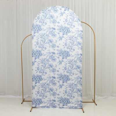 Spandex Fitted Chiara Backdrop Cover – French Toile Floral in Blue & White, Round Top Wedding Arch Slipcover 7ft