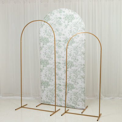 Spandex Fitted Chiara Backdrop Cover – French Toile Floral in Dusty Sage Green & White, Round Top Wedding Arch Slipcover 7ft
