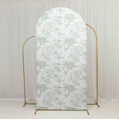 Spandex Fitted Chiara Backdrop Cover – French Toile Floral in Dusty Sage Green & White, Round Top Wedding Arch Slipcover 7ft