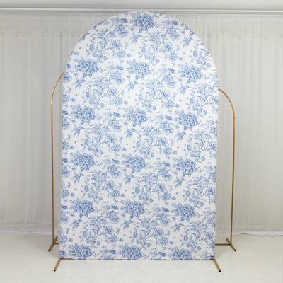 Spandex Fitted Chiara Backdrop Cover – French Toile Floral in Blue & White, Round Top Wedding Arch Slipcover 8ft