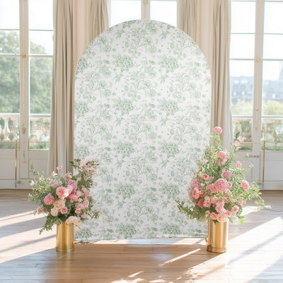 Spandex Fitted Chiara Backdrop Cover – French Toile Floral in Dusty Sage Green & White, Round Top Wedding Arch Slipcover 8ft