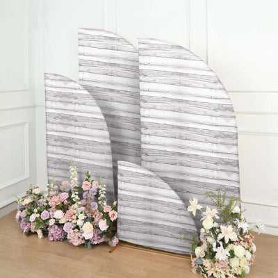 Set of 4 Whitewash Rustic Wood Print Spandex Chiara Backdrop Stand Covers, Fitted Covers For Half Moon Wedding Arches 2.5ft, 5ft, 6ft, 7ft