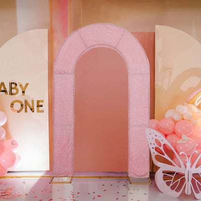 Rose Gold Spandex Fitted Open Arch Backdrop Cover With Shimmer Tinsel Finish, Double-Sided U-Shaped Wedding Arch Slipcover 8ft