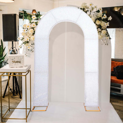 Silver Spandex Fitted Open Arch Backdrop Cover With Shimmer Tinsel Finish, Double-Sided U-Shaped Wedding Arch Slipcover 8ft