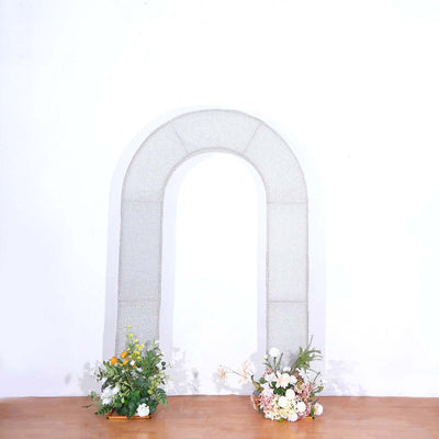 Silver Spandex Fitted Open Arch Backdrop Cover With Shimmer Tinsel Finish, Double-Sided U-Shaped Wedding Arch Slipcover 8ft
