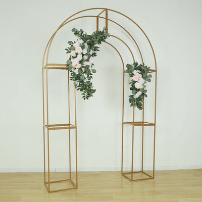3D Gold Metal Wedding Arch Backdrop Stand with Round Top, Heavy-Duty Floral Balloon Frame for Party Decor - 7.5ft