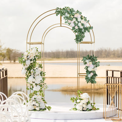 3D Gold Metal Wedding Arch Backdrop Stand with Round Top, Heavy-Duty Floral Balloon Frame for Party Decor - 7.5ft