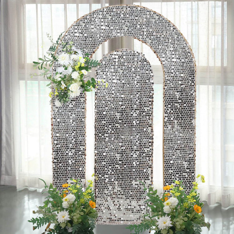 Set of 2 Silver Big Sequin Wedding Arch Covers for Round Top and Double Arch Chiara Backdrop Stands