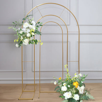 Set of 2 Gold Metal Round Top Wedding Arch Chiara Backdrop Stands, Double Arch Floral Balloon Frame Ceremony Arbors - 6ft,8ft