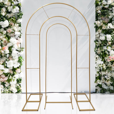 Set of 2 Gold Metal Round Top Wedding Arch Chiara Backdrop Stands, Double Arch Floral Balloon Frame Ceremony Arbors - 6ft,8ft