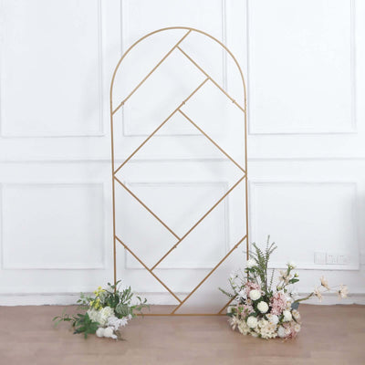 Gold Metal Round Top Geometric Wedding Backdrop Floor Stand, Rectangular Flower Frame Prop Stand With Cloudy Film Insert 7ft Tall