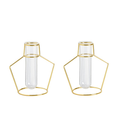 2-Pack Gold Metal Frame Test Tube Vase Flower Stands 6.5" Geometric Design - Decorative Centerpieces
