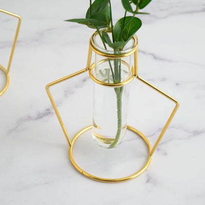 2-Pack Gold Metal Frame Test Tube Vase Flower Stands 6.5" Geometric Design - Decorative Centerpieces