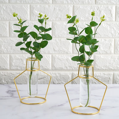2-Pack Gold Metal Frame Test Tube Vase Flower Stands 6.5" Geometric Design - Decorative Centerpieces