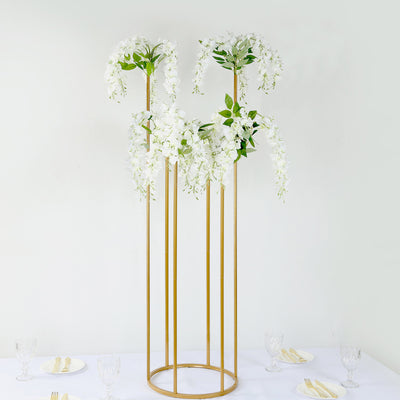 Gold Metal Flower Centerpiece 4ft 6-Tubes Minimalist Round Base Design - Single Stem Bud Vase for Floral Arrangements