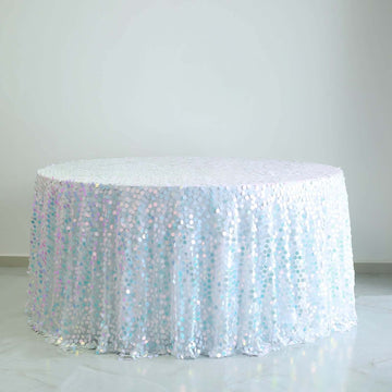 Iridescent Blue Seamless Big Payette Sequin Round Tablecloth Premium Collection 120" for 5 Foot Table With Floor-Length Drop