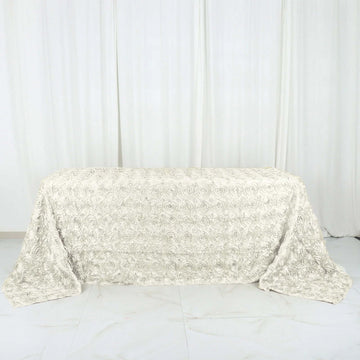 Ivory Seamless Grandiose 3D Rosette Satin Rectangle Tablecloth 90"x132" for 6 Foot Table With Floor-Length Drop