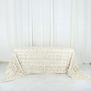 Ivory Seamless Grandiose Rosette 3D Satin Rectangle Tablecloth 90"x156" for 8 Foot Table With Floor-Length Drop