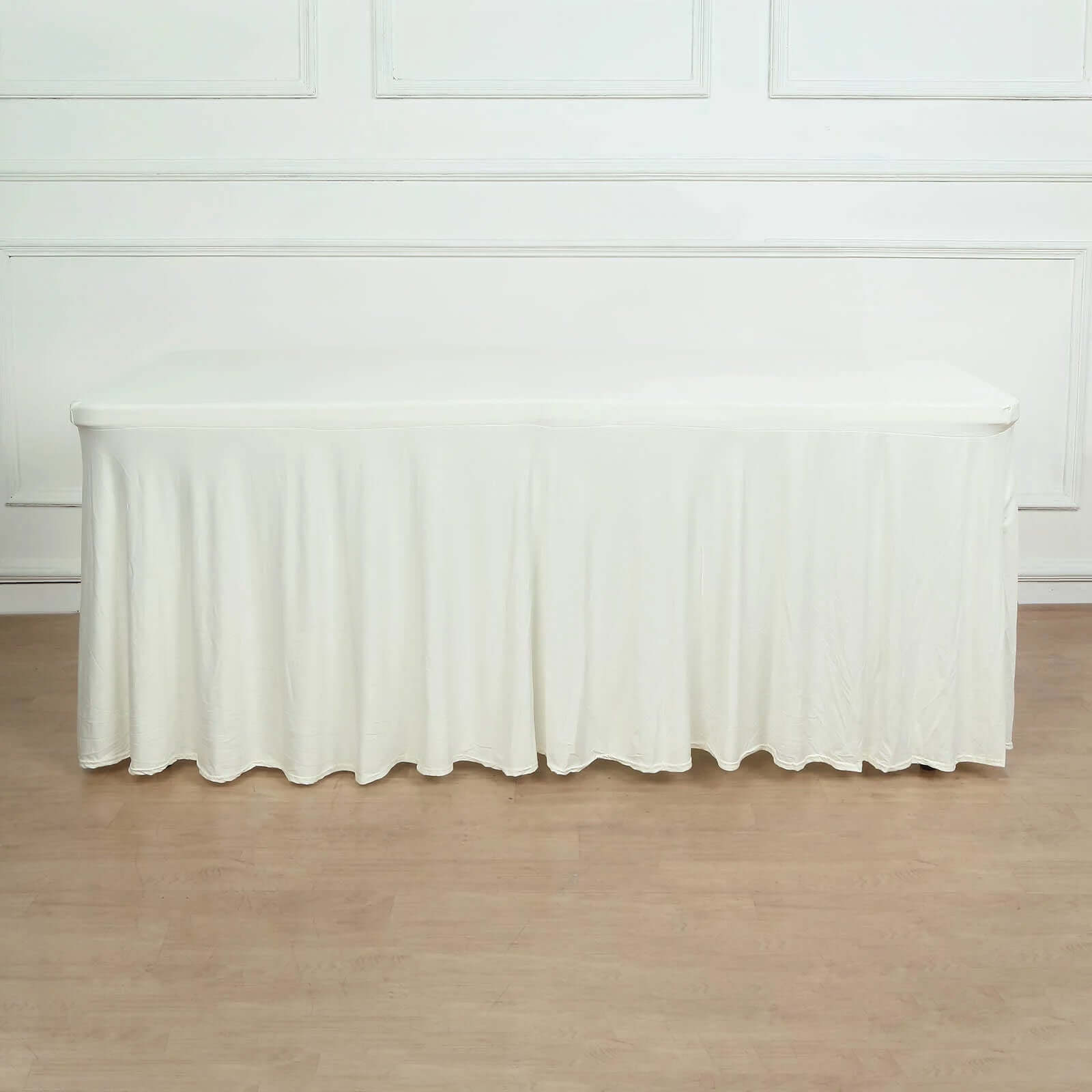 Ivory Wavy Spandex Rectangle Tablecloth Skirt 6ft | eFavormart.com